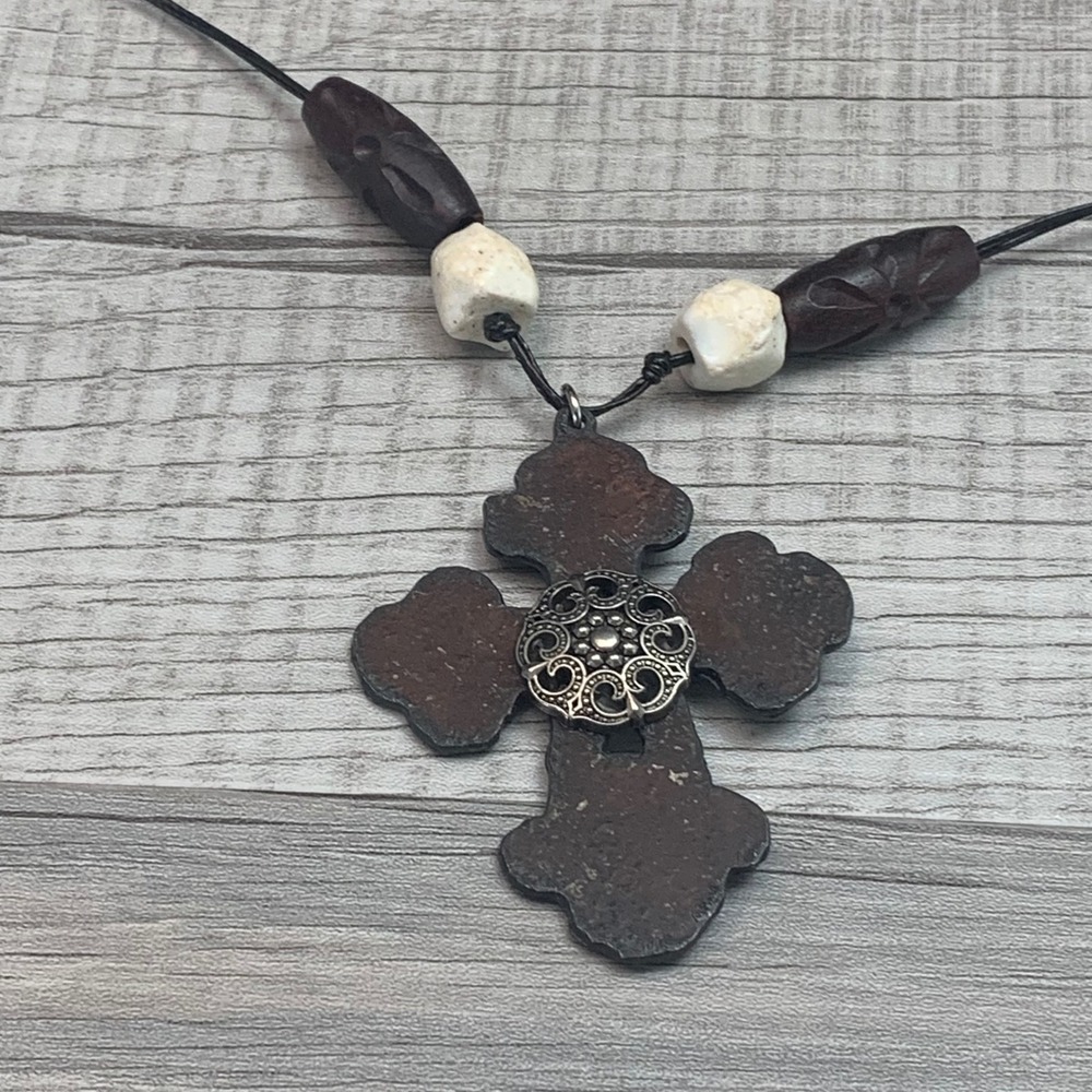 Handcrafted Boho Wood Cross Pendant Necklace Carved Beads Black Cord 24" 5562